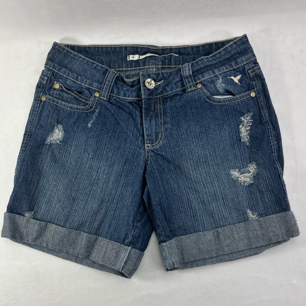 Grane Blue Denim Cuffed Distressed Jean Shorts